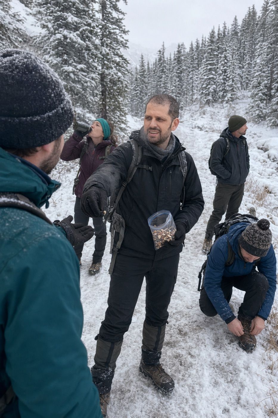 A man handing out trail mix to a group on a snowy hike, the others turned toward him