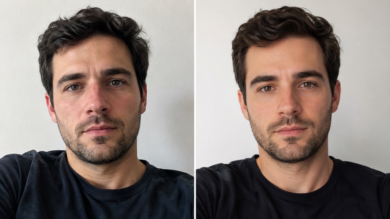 A reference selfie beside a generated portrait that looks like a smoother, younger, slightly different person