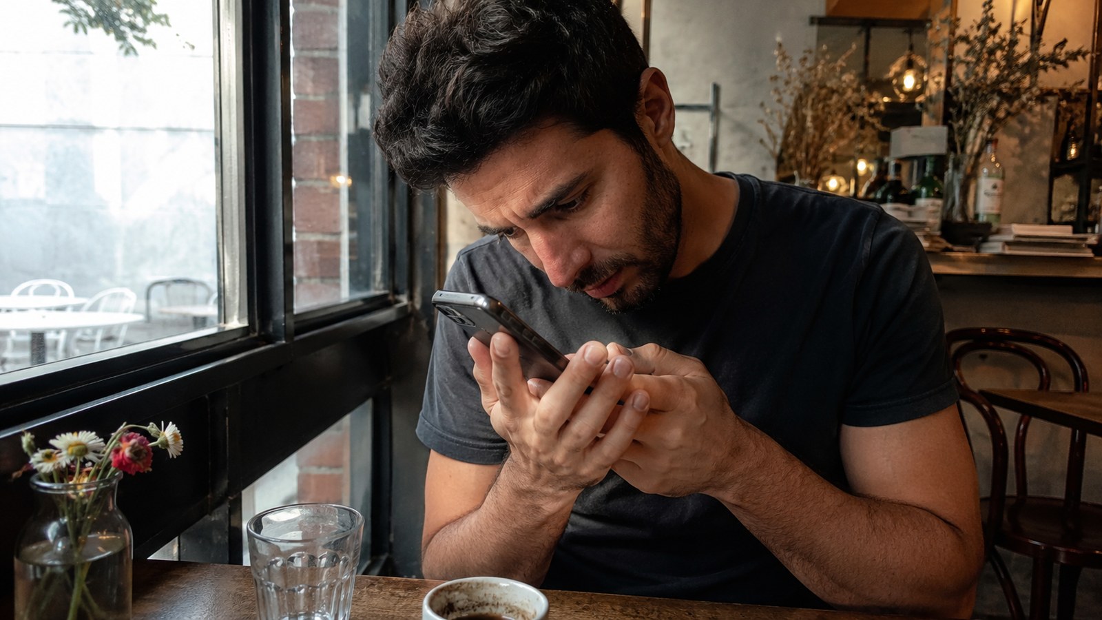 A man in a cafe tilting his phone, trying to see something hidden on screen