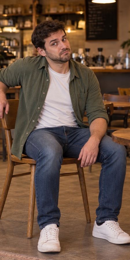 The same man in the same cafe chair and clothes, now sitting upright and forward with one arm resting on the chair back