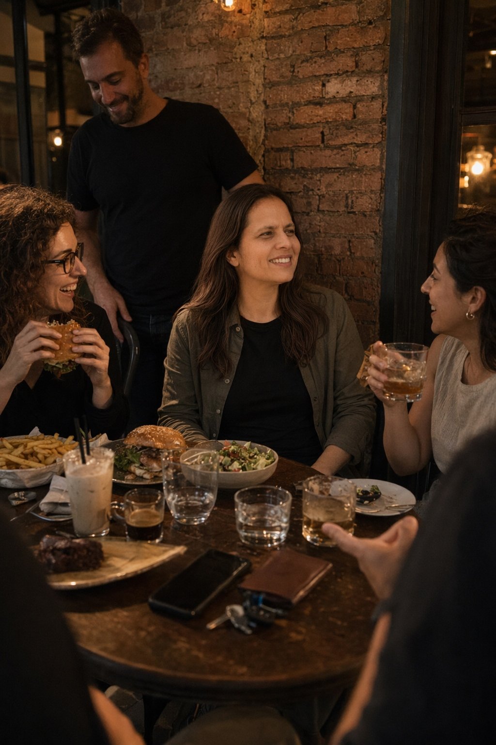Social photo: a woman laughing with friends over dinner
