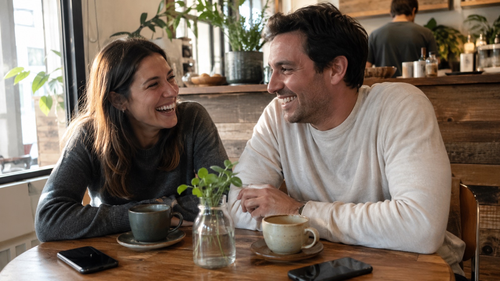 A couple laughing together at a small cafe table, phones face-down beside them — a relationship that started on a dating app