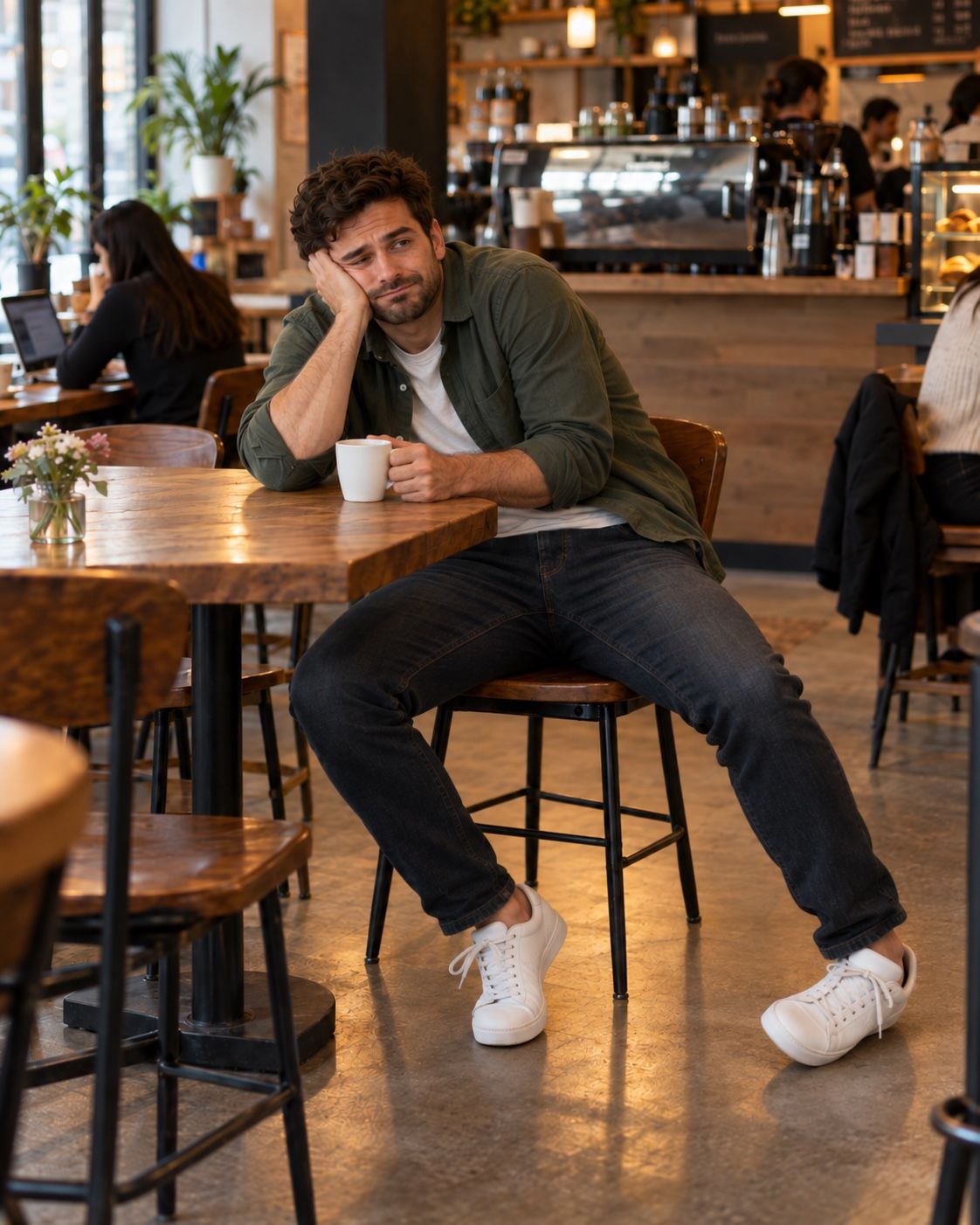A man slumped on a cafe stool, head resting on his hand, coffee in front of him
