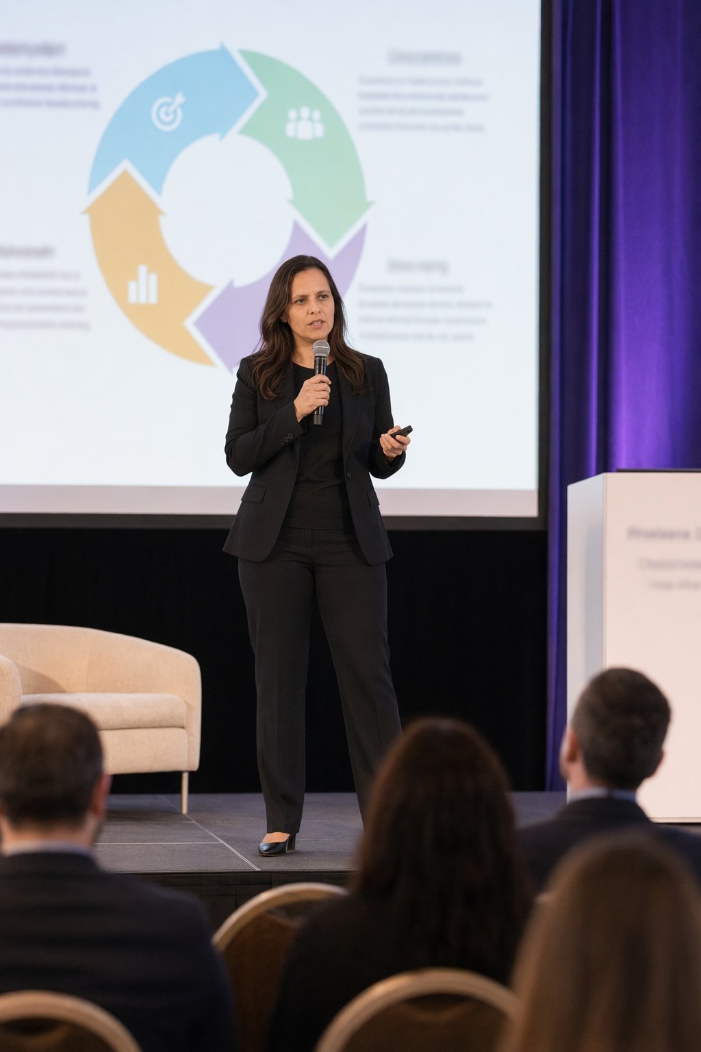 A professional speaking on stage at a conference, a credibility-building photo