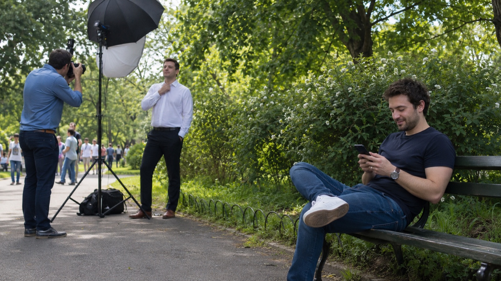 A photographer with studio gear directing a stiff posed man in a park, while nearby another man sits relaxed on a bench with his phone