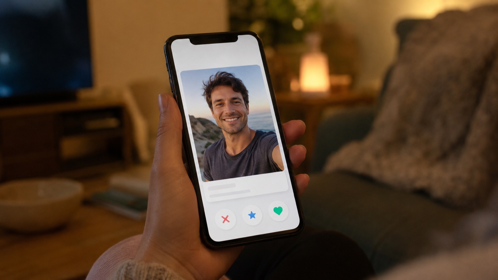 A phone in a woman's hand showing a dating profile with a clear friendly photo of a man's face in daylight