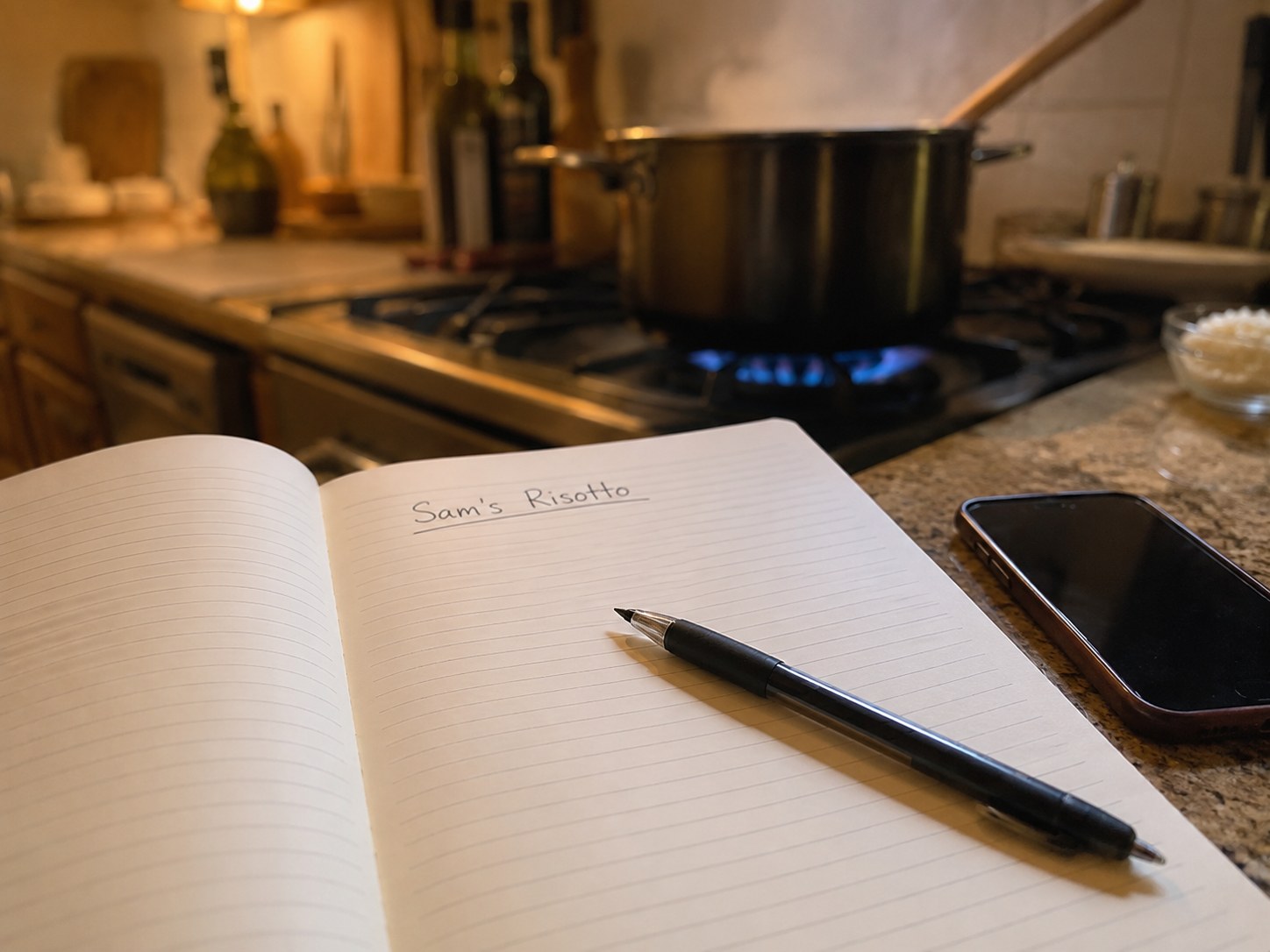 A handwritten recipe title on a blank page next to a phone, kitchen light