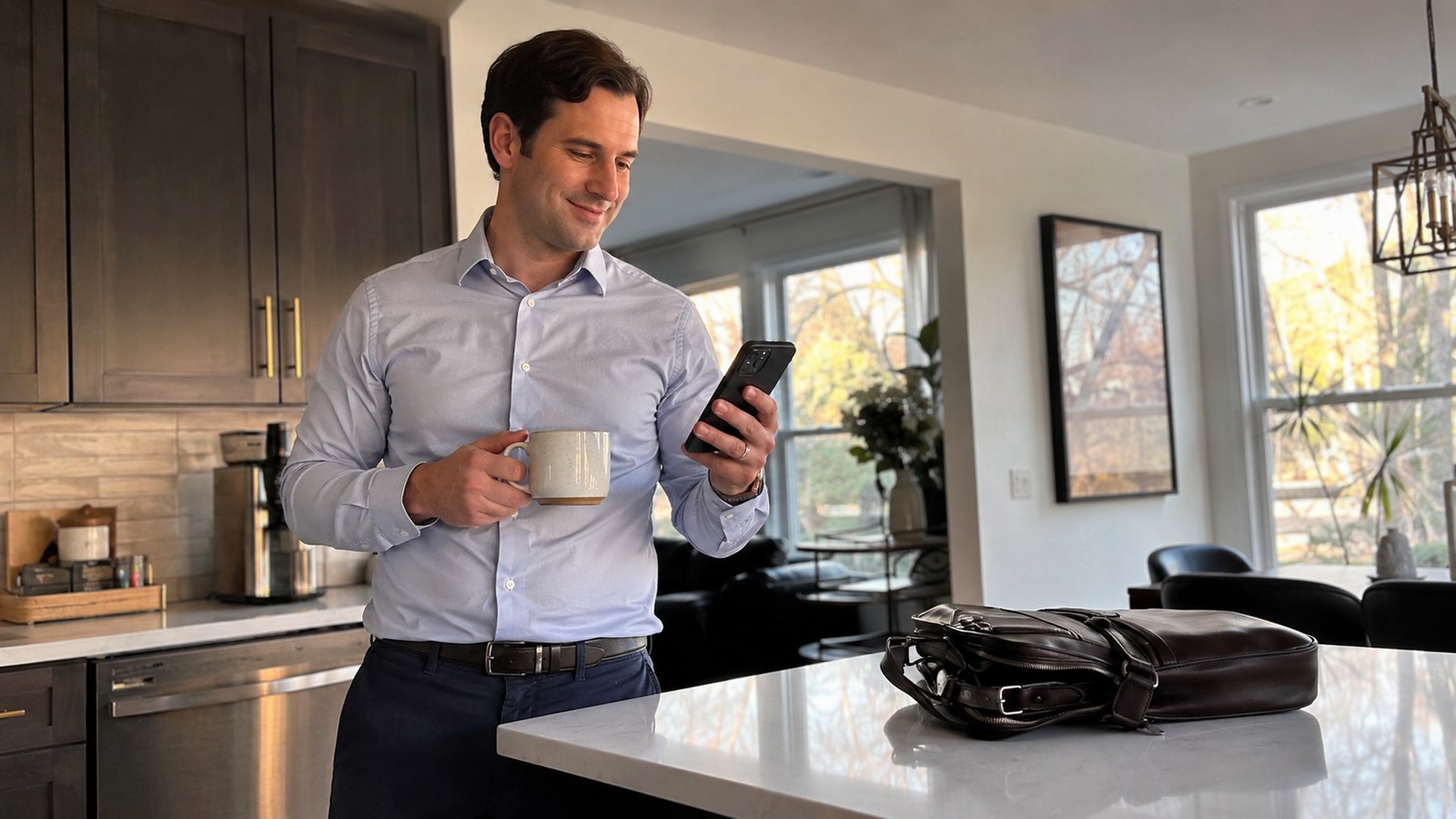 A busy professional glancing at his phone over morning coffee, calm and unhurried