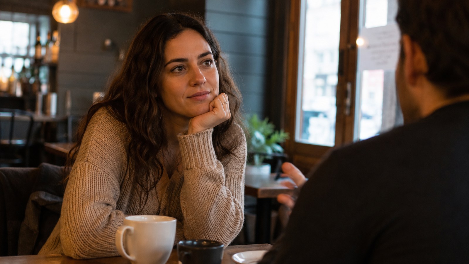 A woman on a date looking distracted while her date talks, warm restaurant light