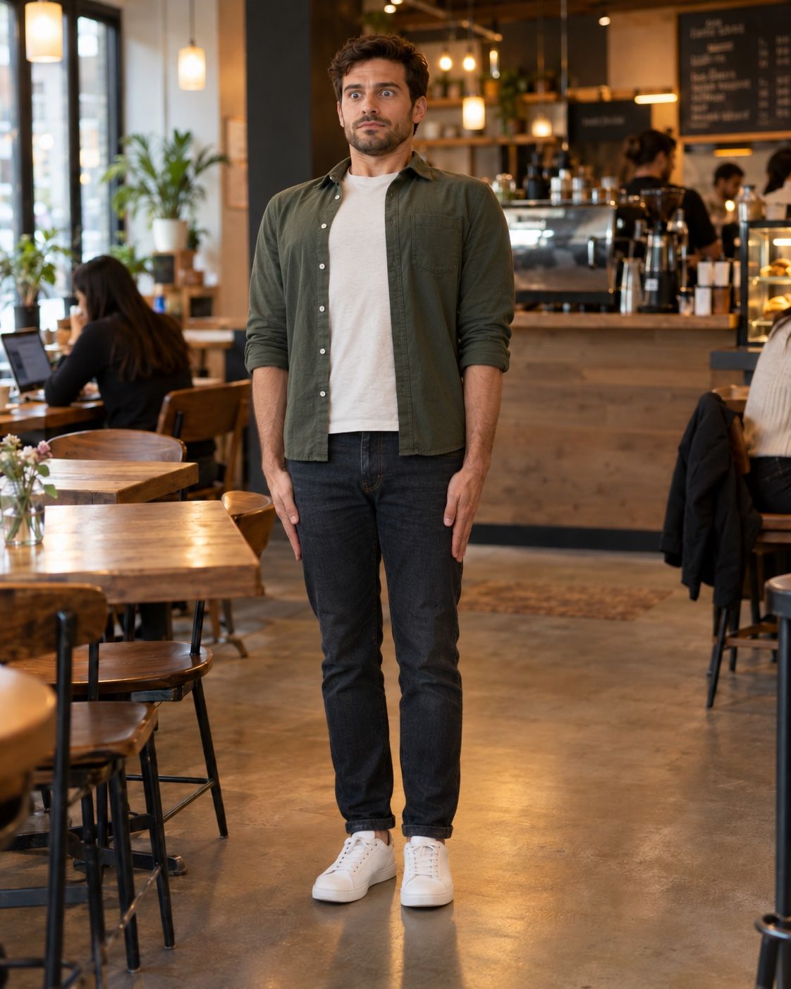 A man standing square to the camera in a cafe, arms hanging flat at his sides