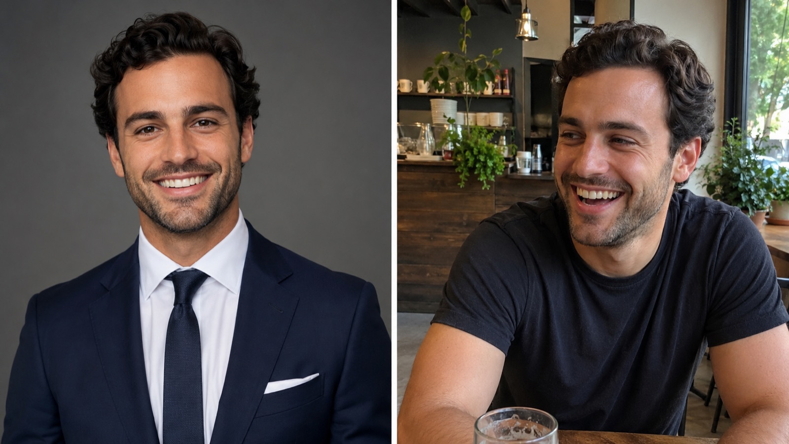 A polished studio portrait next to a candid phone photo of the same man laughing at a cafe — the candid one wins the swipe