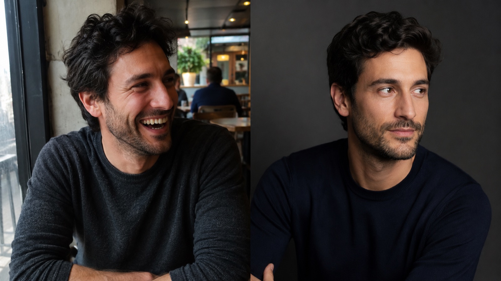 A candid-looking AI photo of a man at a cafe beside an over-polished studio-style portrait