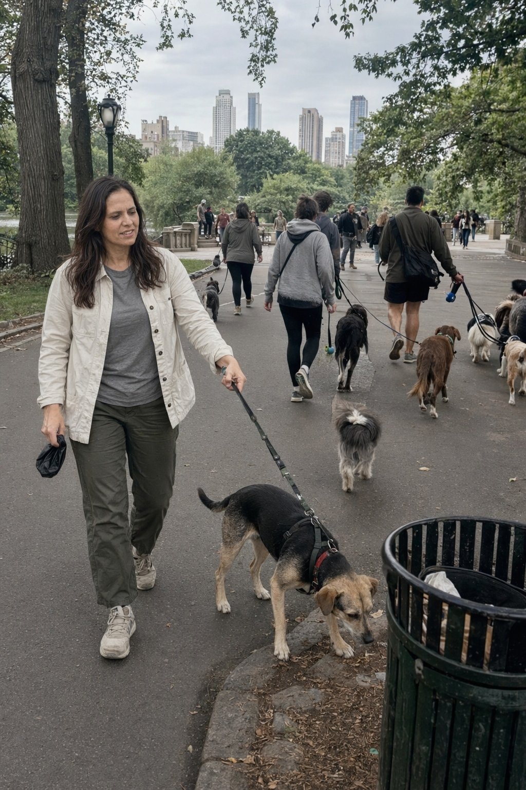 Woman walking her dog in a park, an approachable and askable dating profile photo