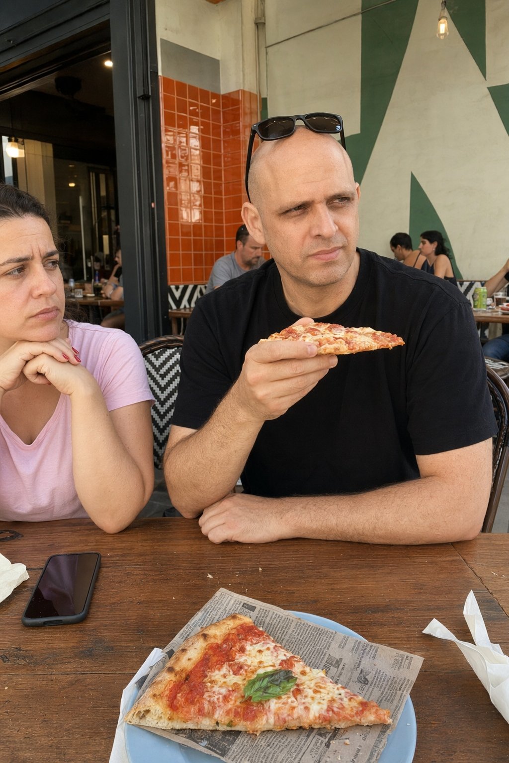 A couple at a table, the quiet tension of working something out together