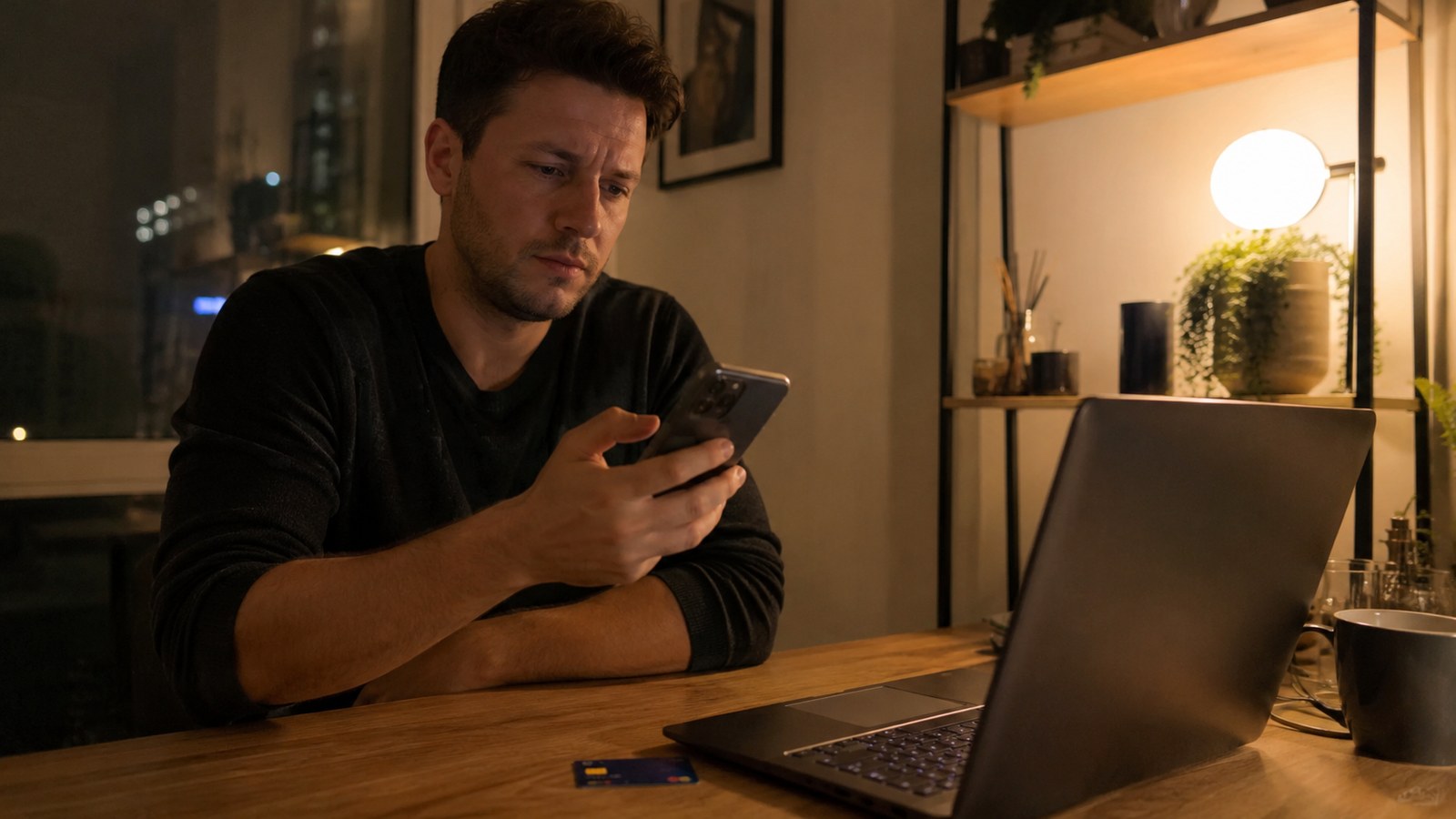A skeptical man at a desk at night weighing his phone, credit card on the desk
