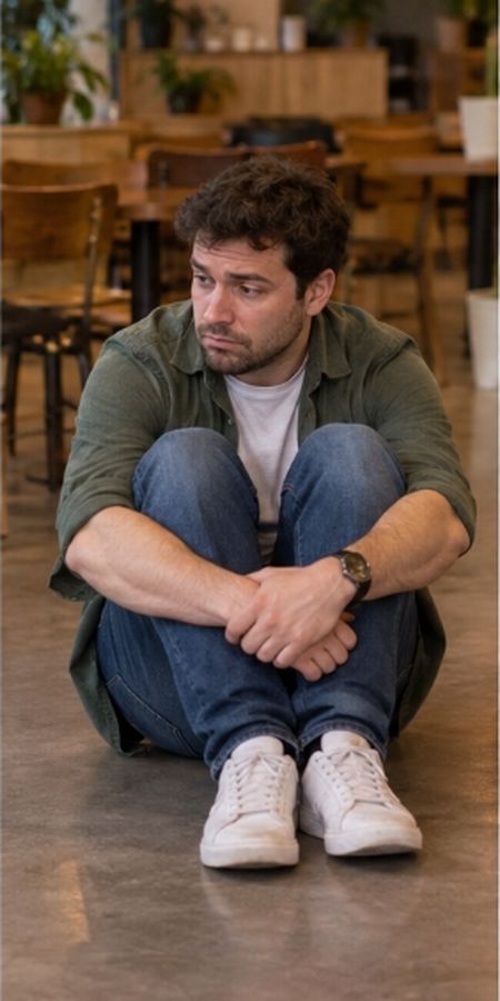 A man sitting on a cafe floor hugging both knees to his chest, hands clamped together