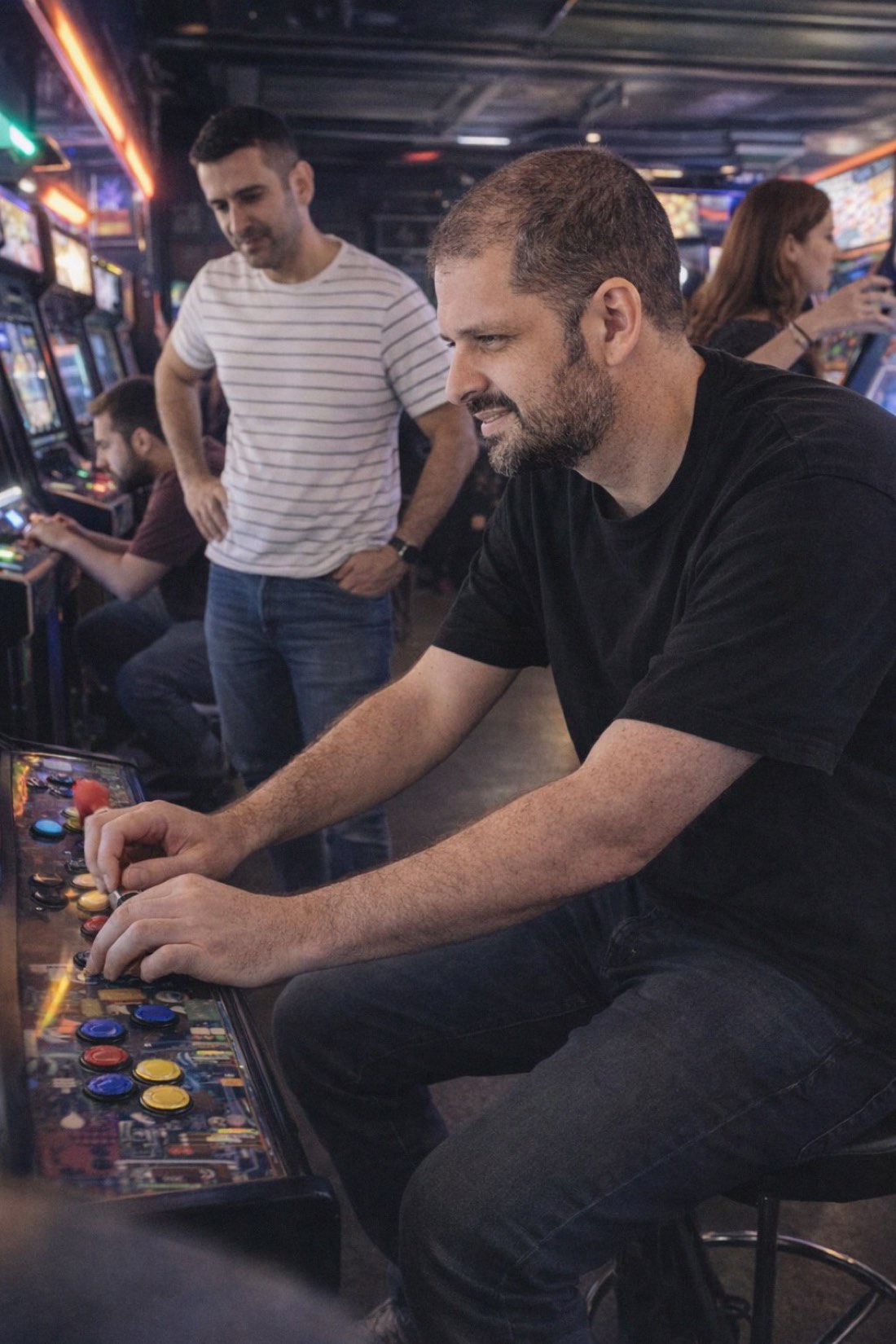 AI photo of a man playing an arcade game with friends