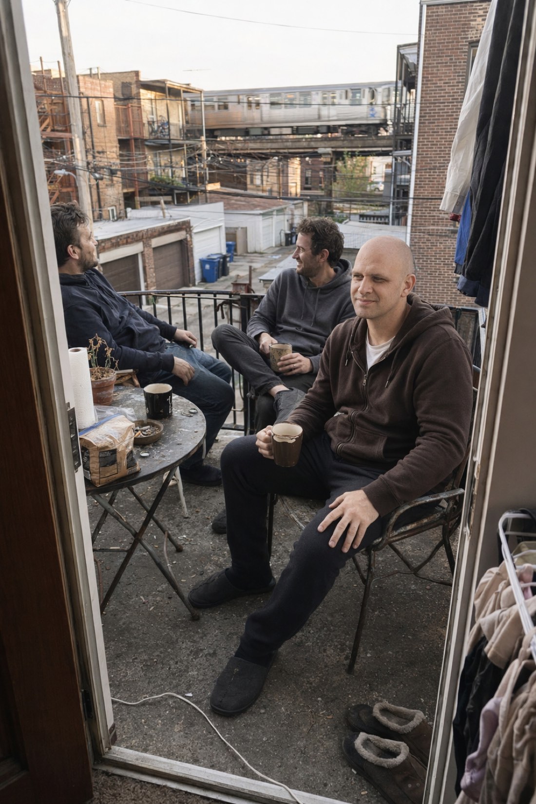 Life, continuing. The loop closes wherever you are actually living. Man having morning coffee with friends on a city balcony