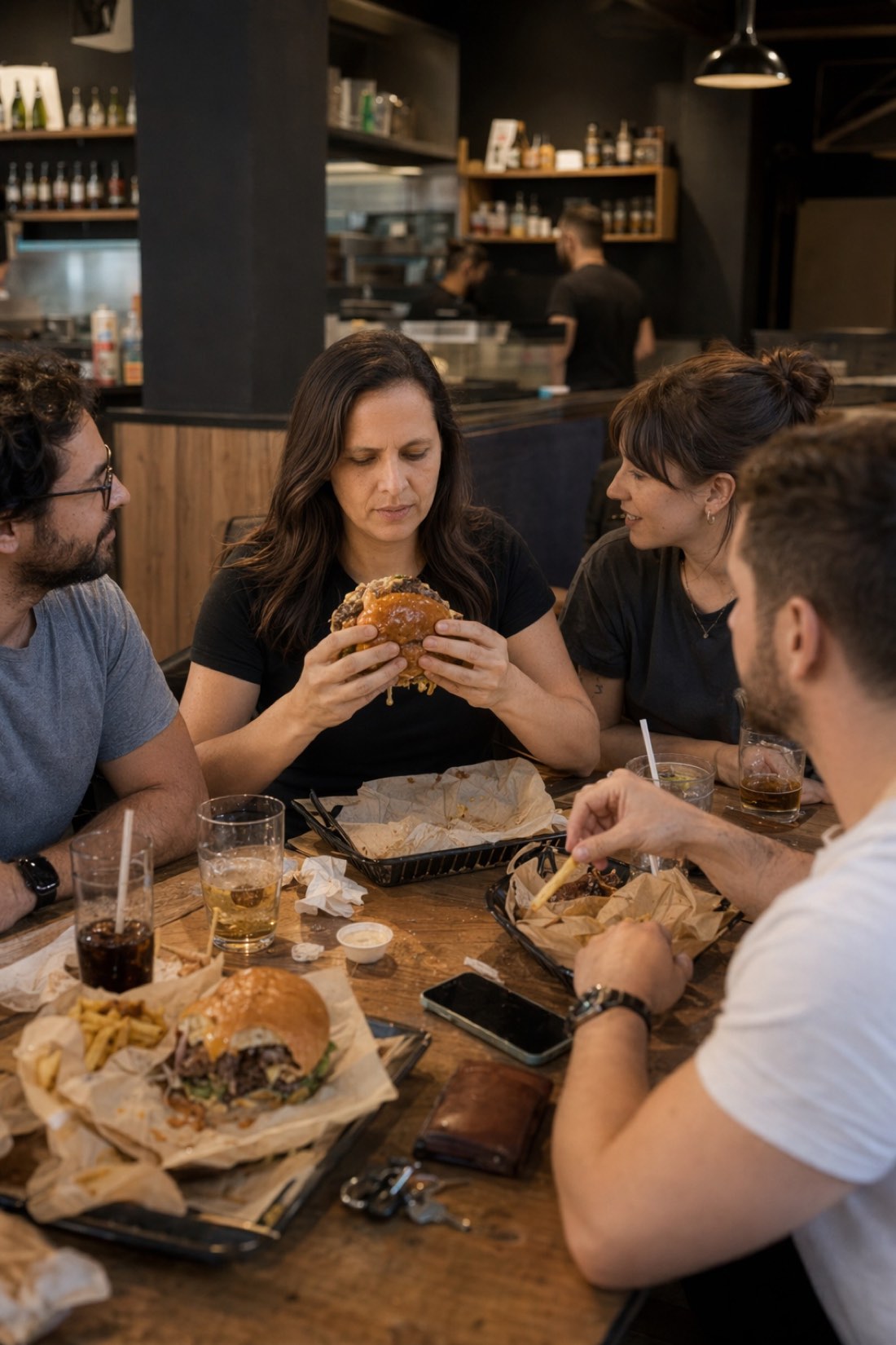 Woman mid-conversation with friends over burgers, the easy talk that good profiles create