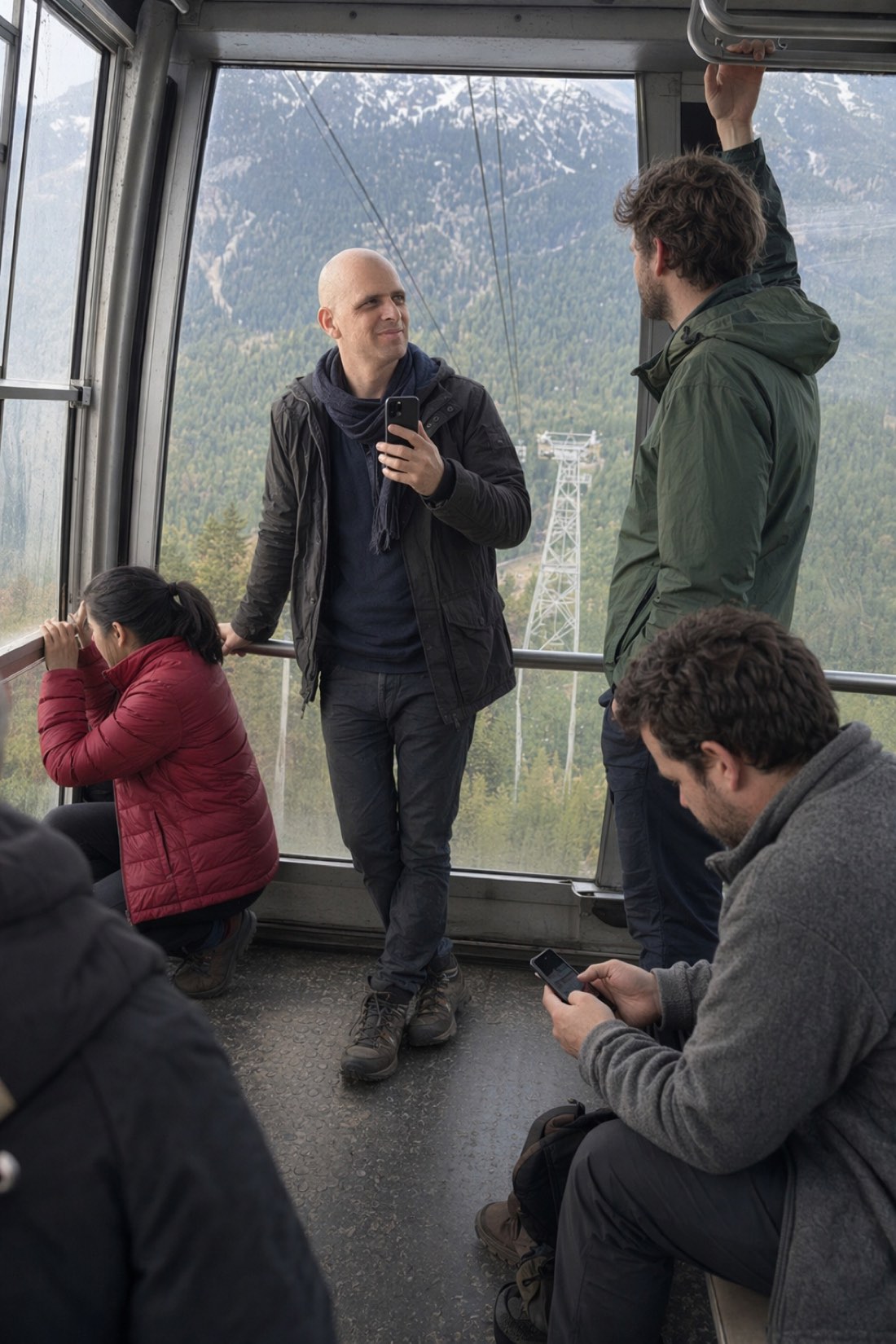 Same man in a cable car, at karaoke, drumming outdoors, and at a café