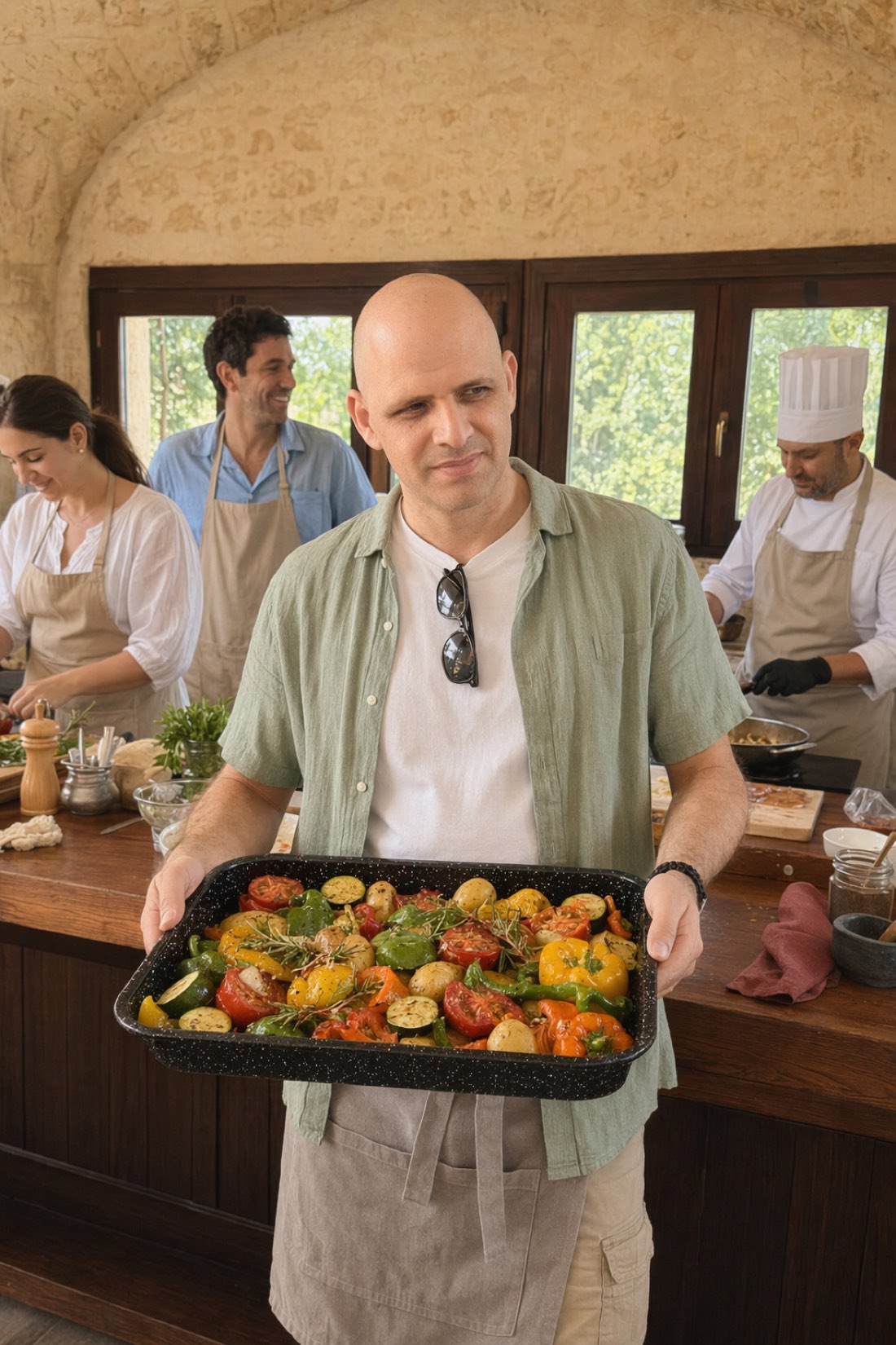 Man at a cooking class holding a tray of roasted vegetables