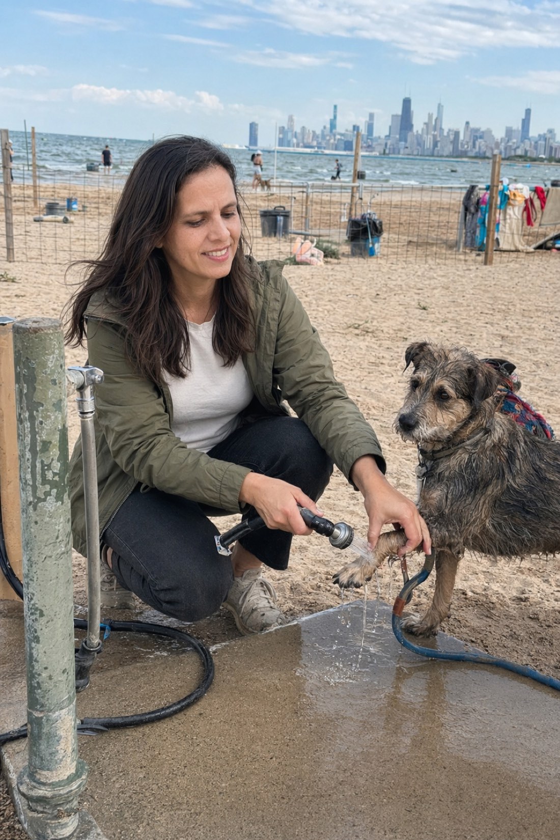 Woman washing a scruffy dog at a beach station with a city skyline behind, a warm candid dating photo