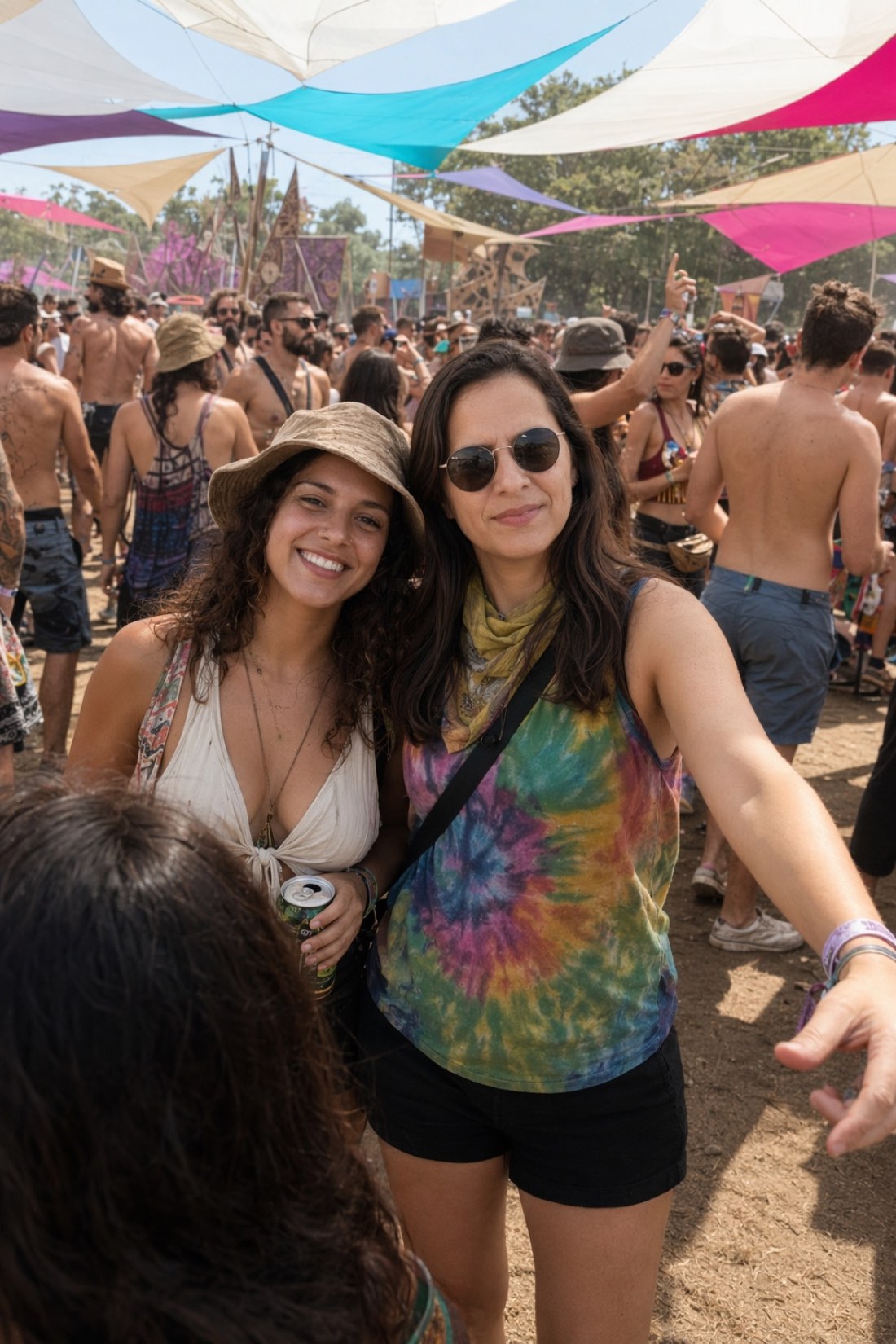 Woman in a tie-dye top with a friend at an outdoor festival, generated from her reference images