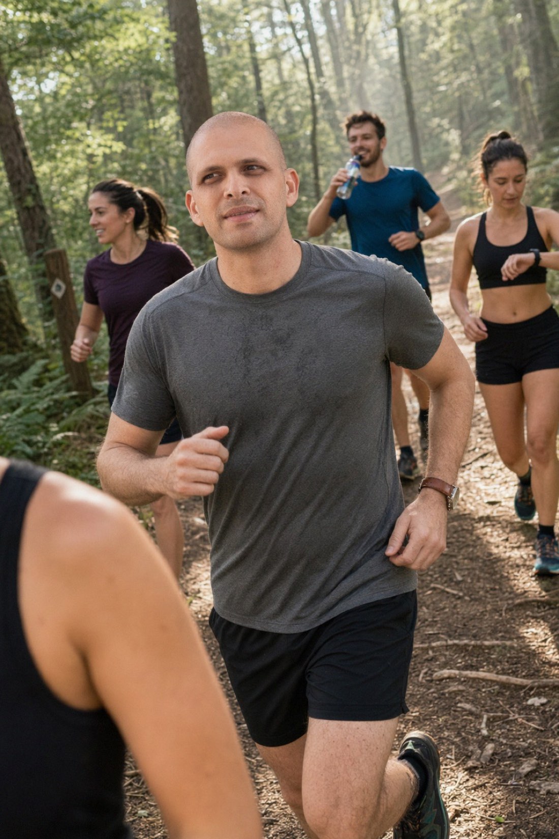 Man trail running through a forest, a realistic AI active-travel photo