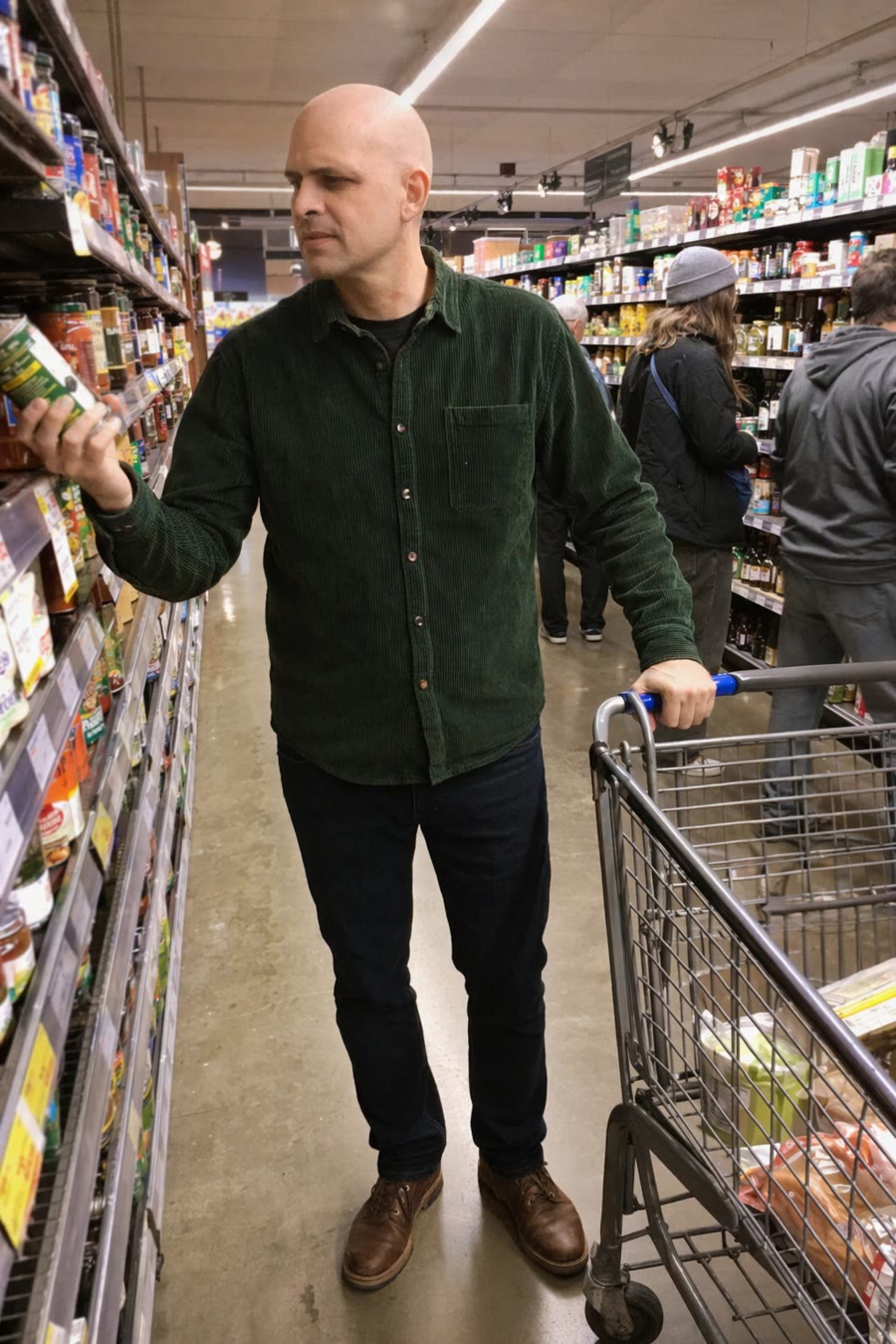 Man browsing a grocery aisle with a cart beside him