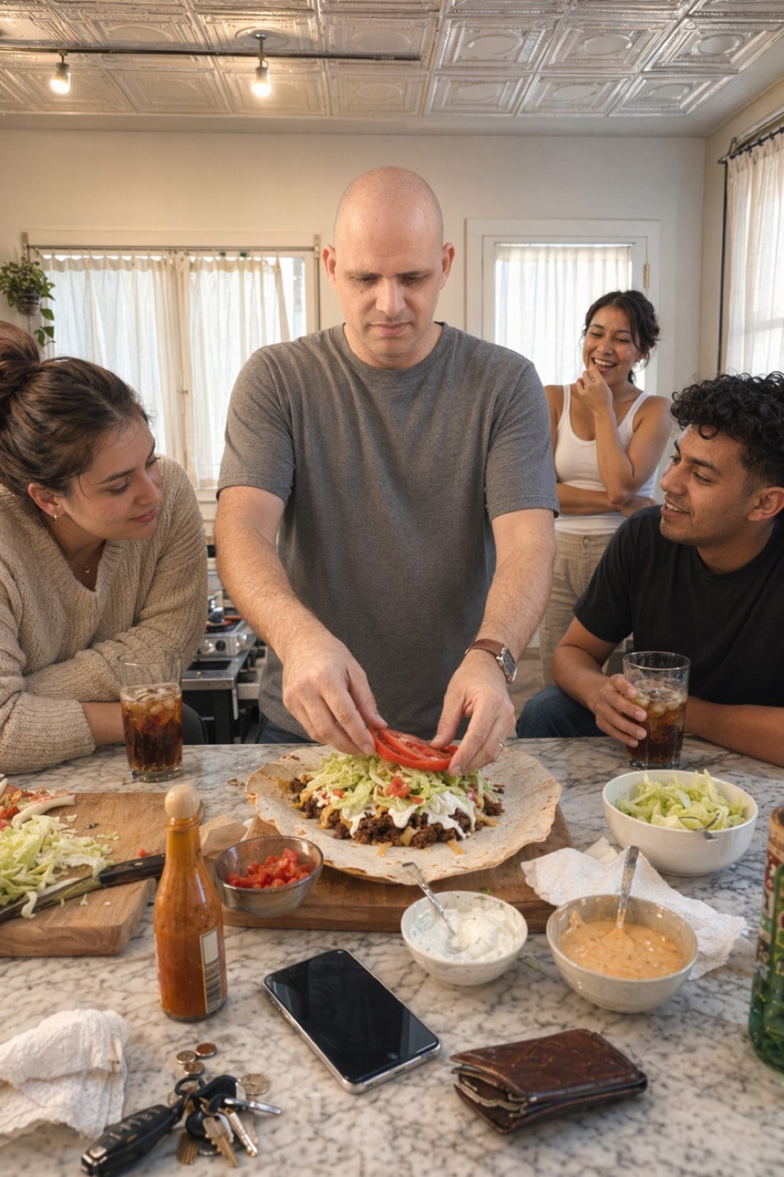 Man making food with friends in a home kitchen, a candid authentic AI photo