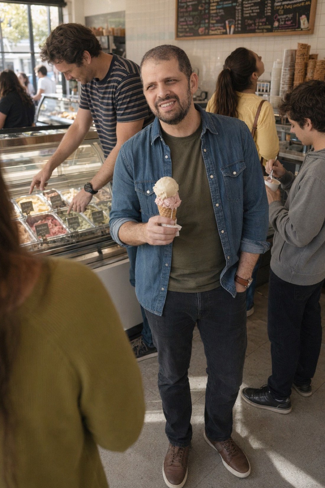 The audition format: sweet, quick, survivable. Also over in eleven minutes, standing up. Man holding an ice cream cone at a gelato shop
