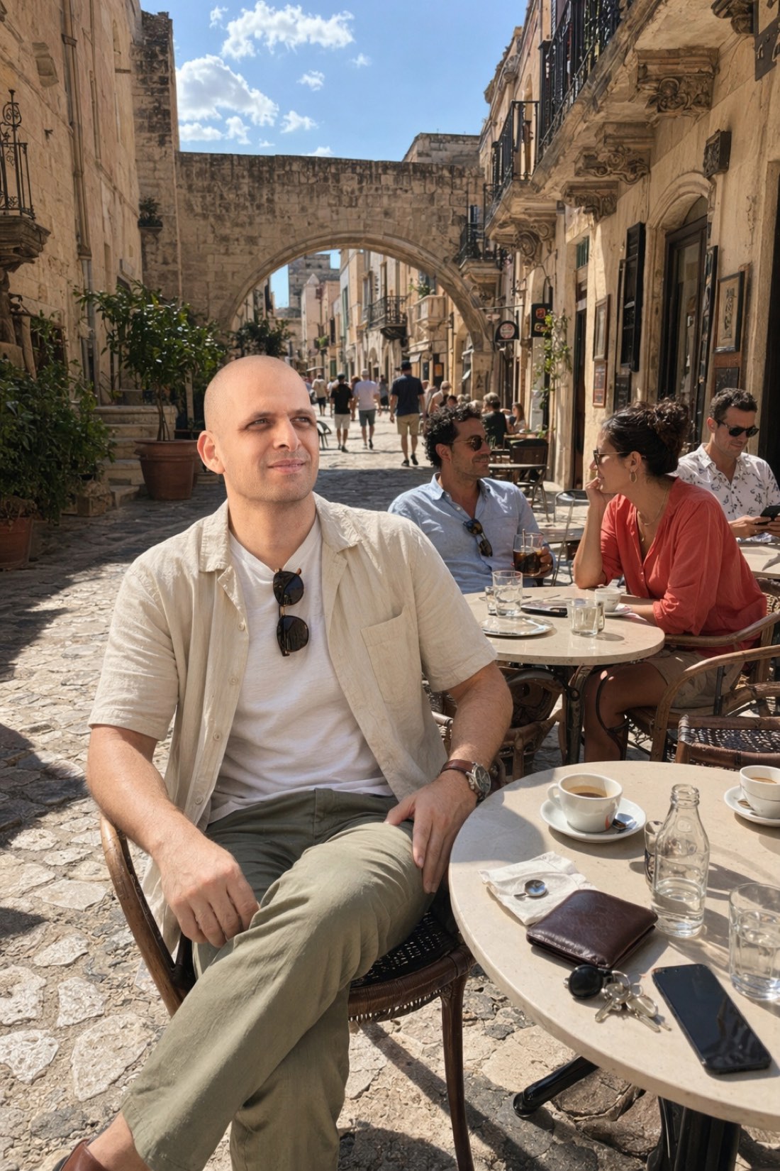 Man at an old-town cafe with an espresso