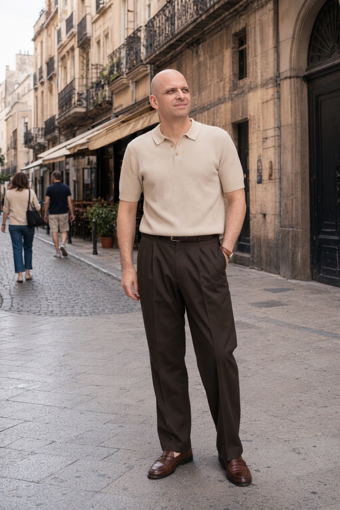 Man in a knit polo on a street, a realistic and honest AI-assisted photo