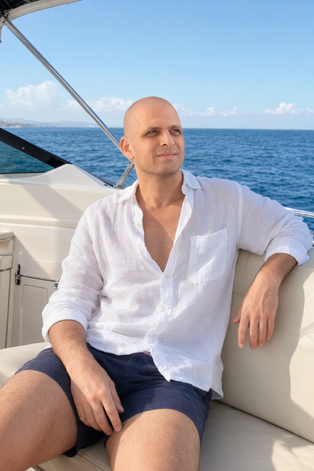 Man traveling in linen, calm enough to read the person next to him correctly