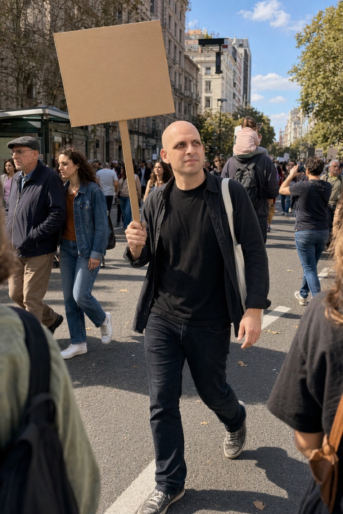 Man at a city march holding a deliberately blank sign, the official position of this article