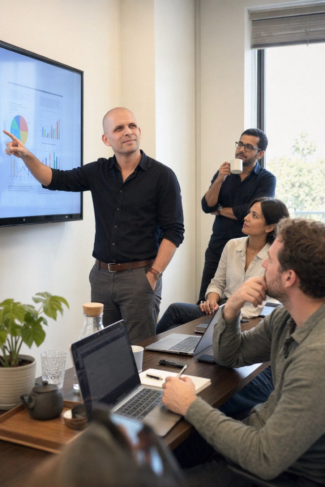 She laughed at the joke on slide four because meetings are long. That is salary, not signal. Man presenting charts in a meeting while a colleague looks on