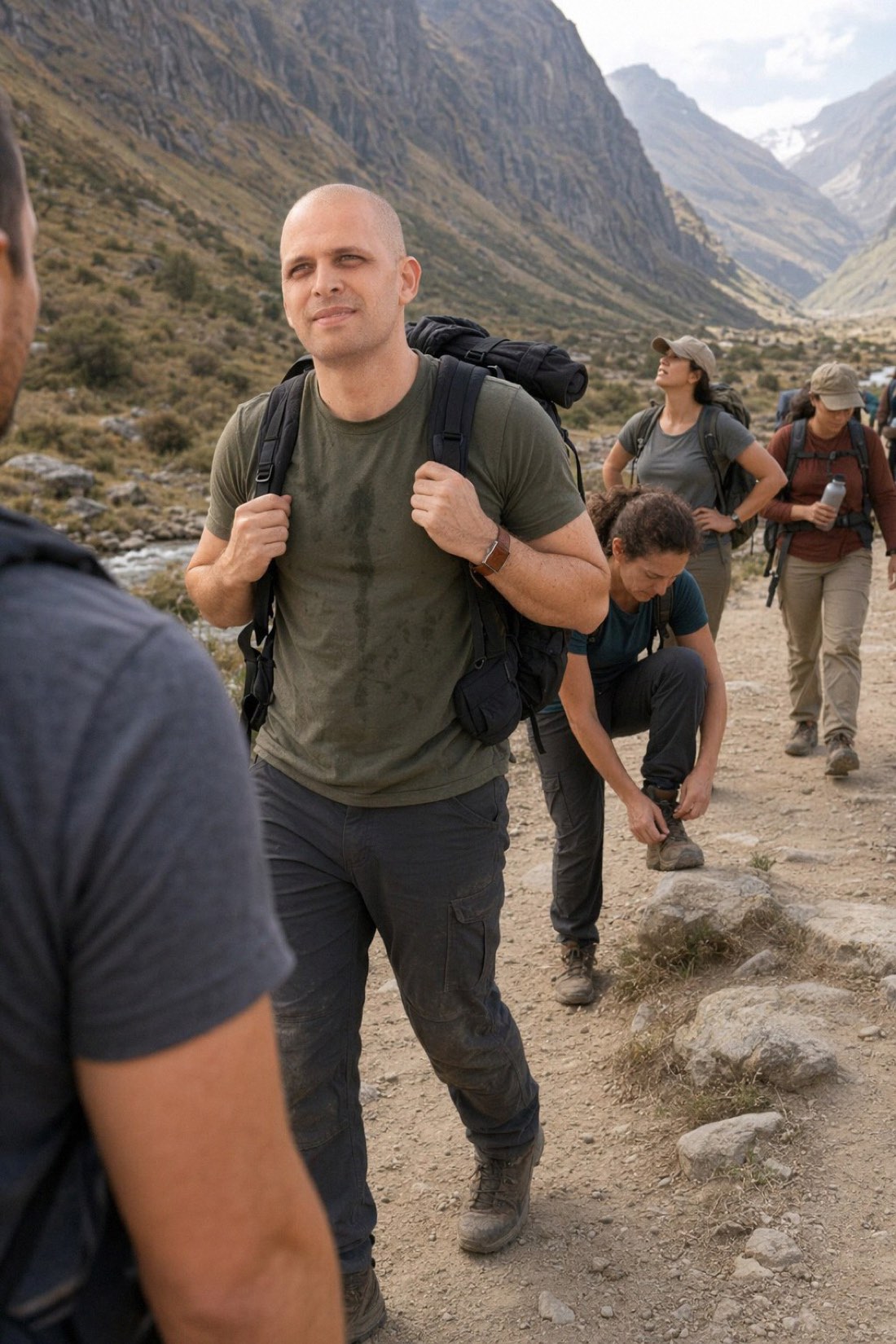 Man trekking through a mountain valley with a backpack, an AI generated travel picture