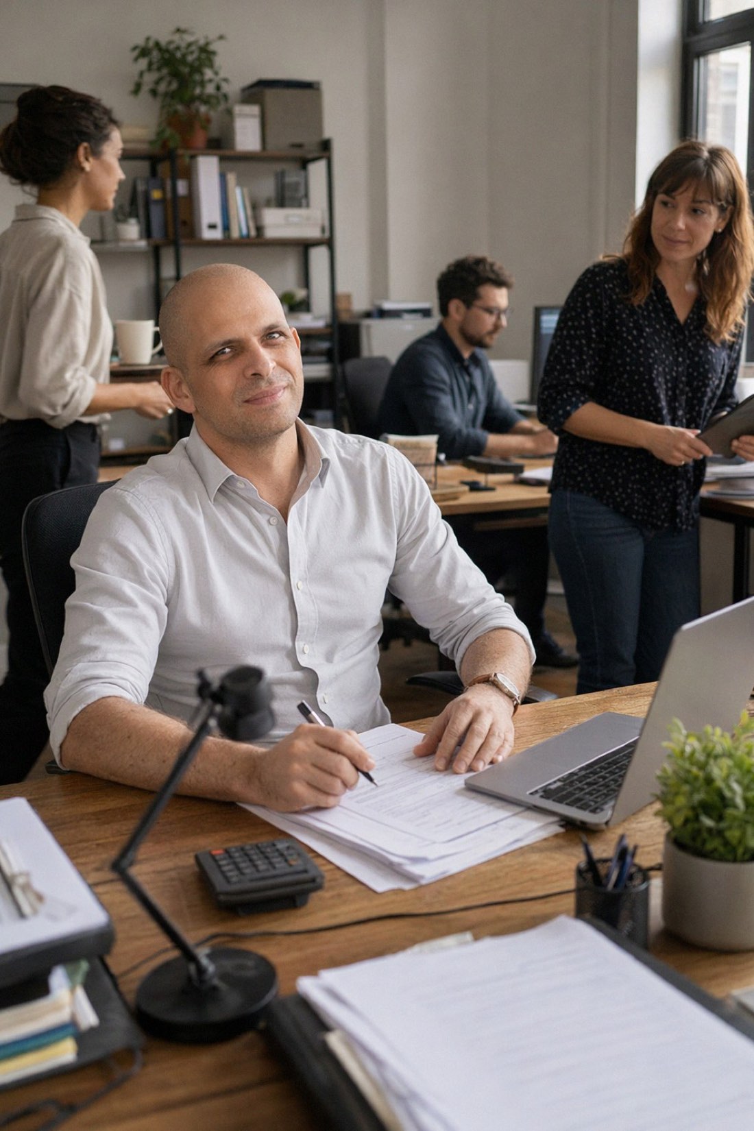 Man at his desk in an open office with colleagues around, the natural habitat of the work crush