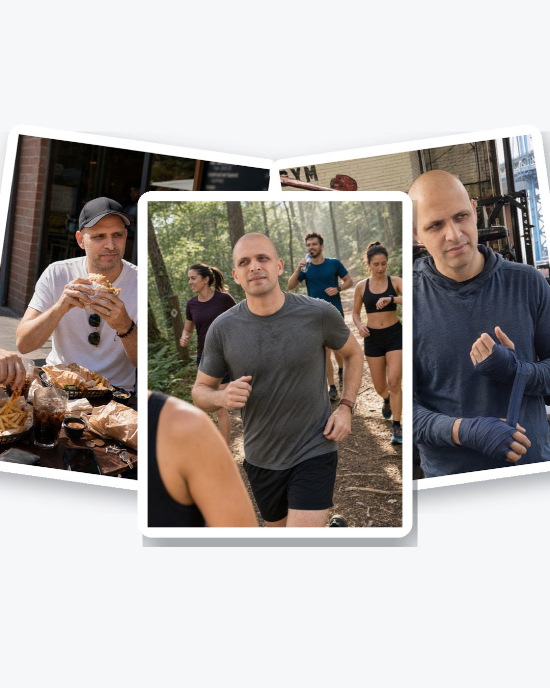 Three photo cards of the same man: eating street food, trail running, and training at an outdoor gym