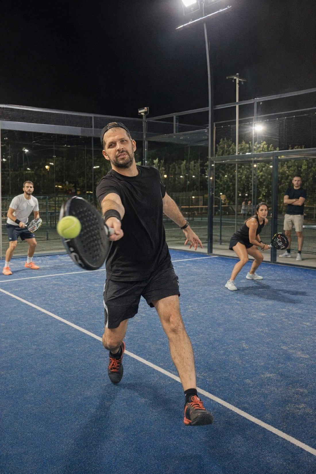 Man playing padel at night under court lights