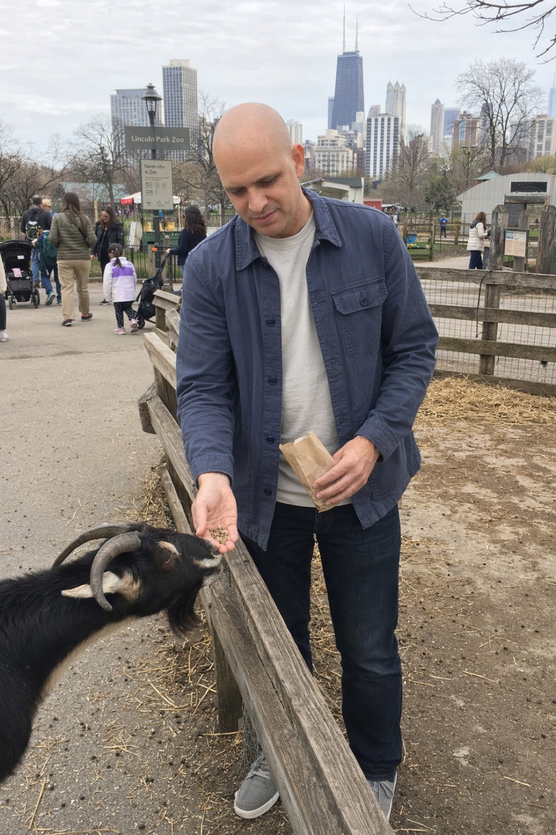 Man feeding a goat at a city petting zoo, meeting the other side halfway