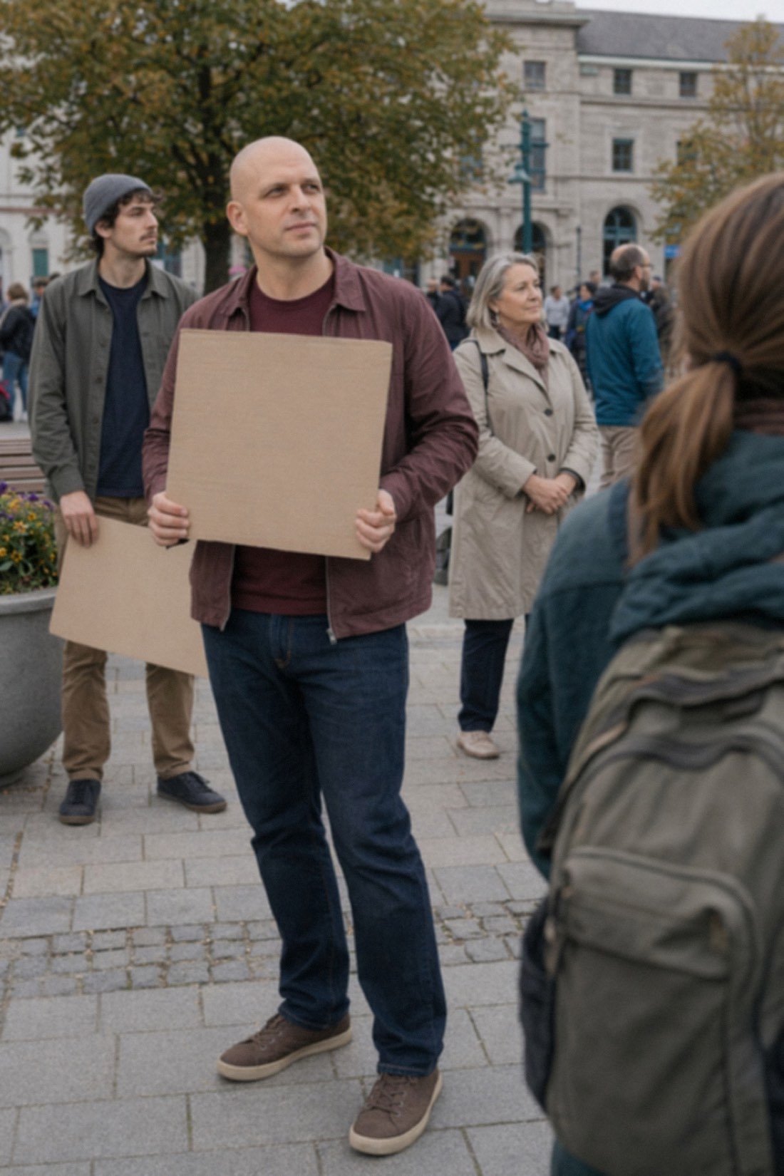 Man holding a blank cardboard sign at a plaza gathering