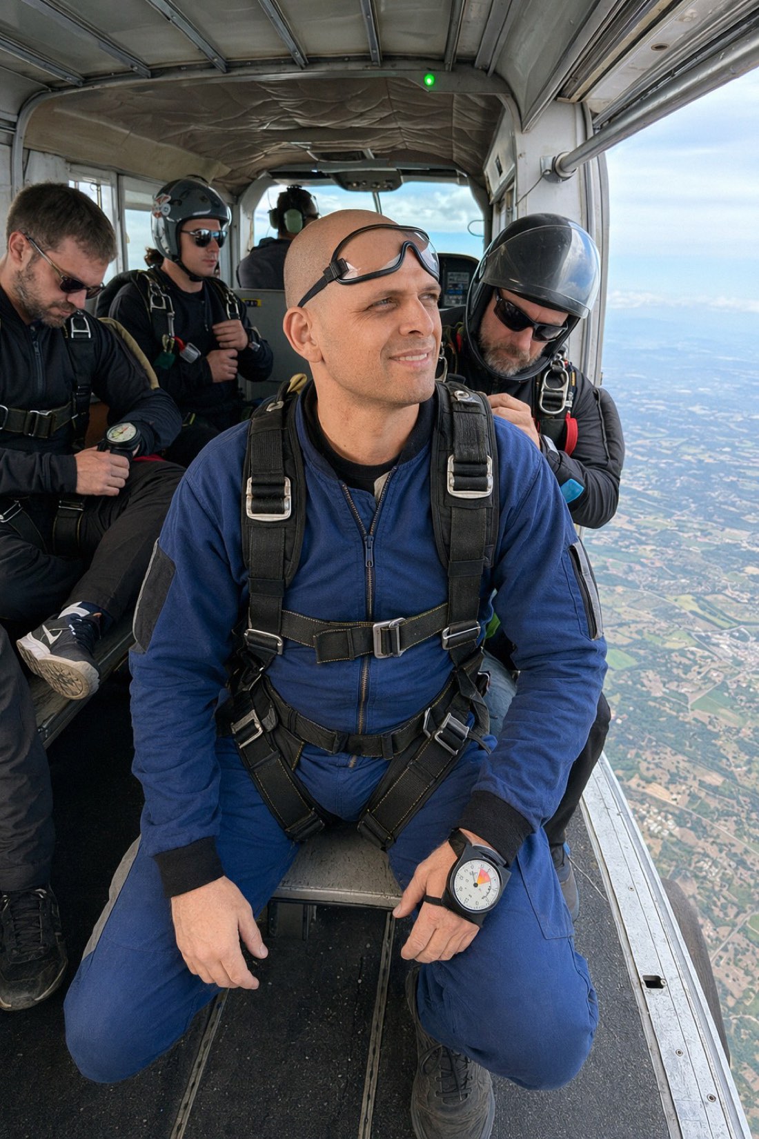 AI photo of a man in a skydiving plane with other jumpers