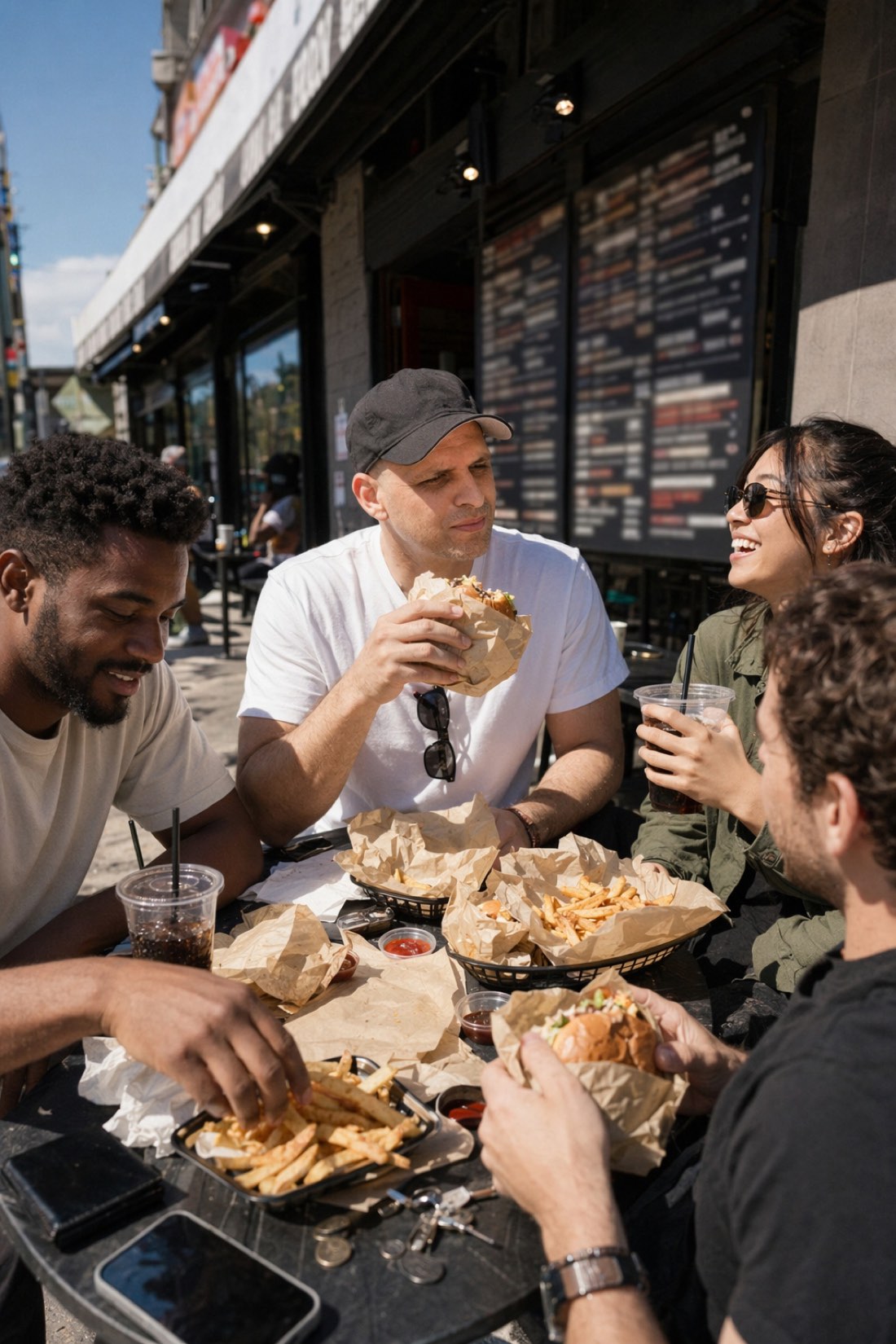 Man eating street food with friends at an outdoor spot, a candid authentic AI photo for online dating