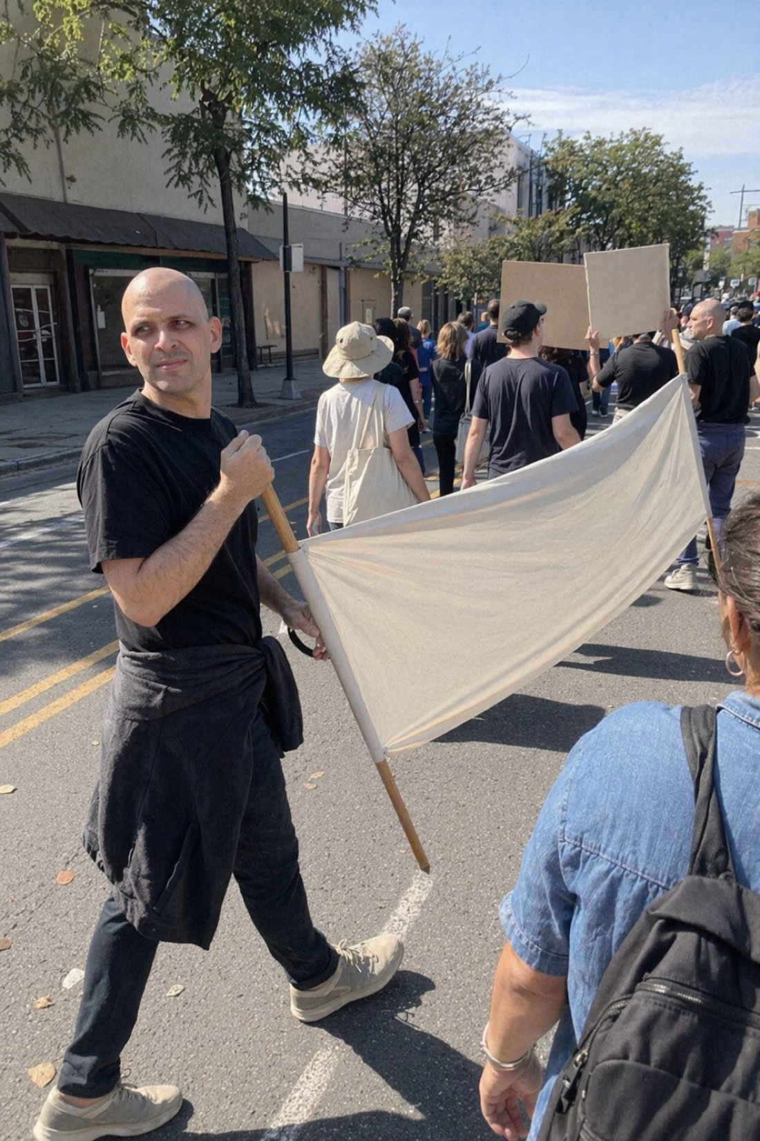 Man carrying a plain white flag at a street march