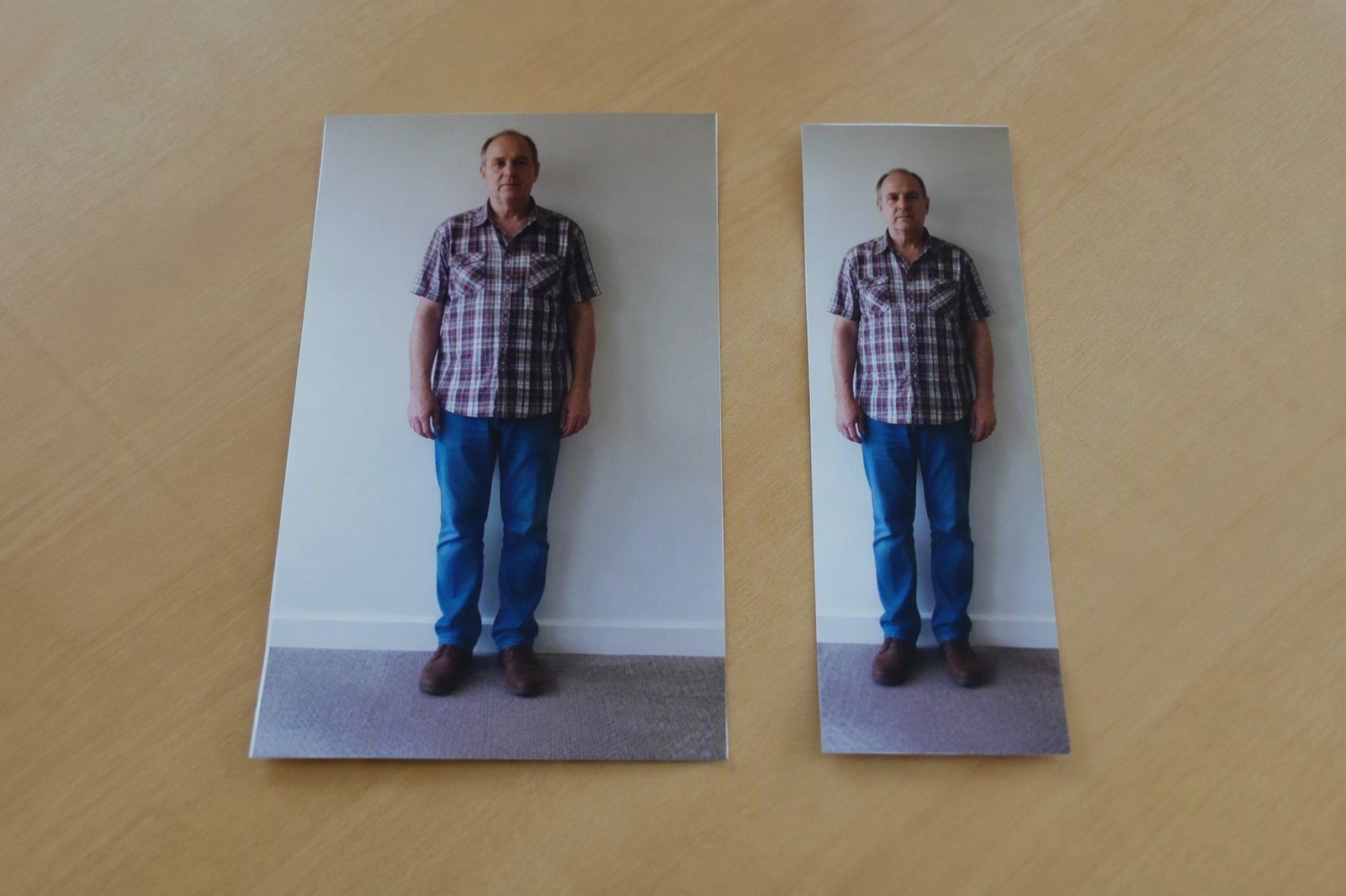 Two printed photographs of the same person side by side, one visibly narrower than the other