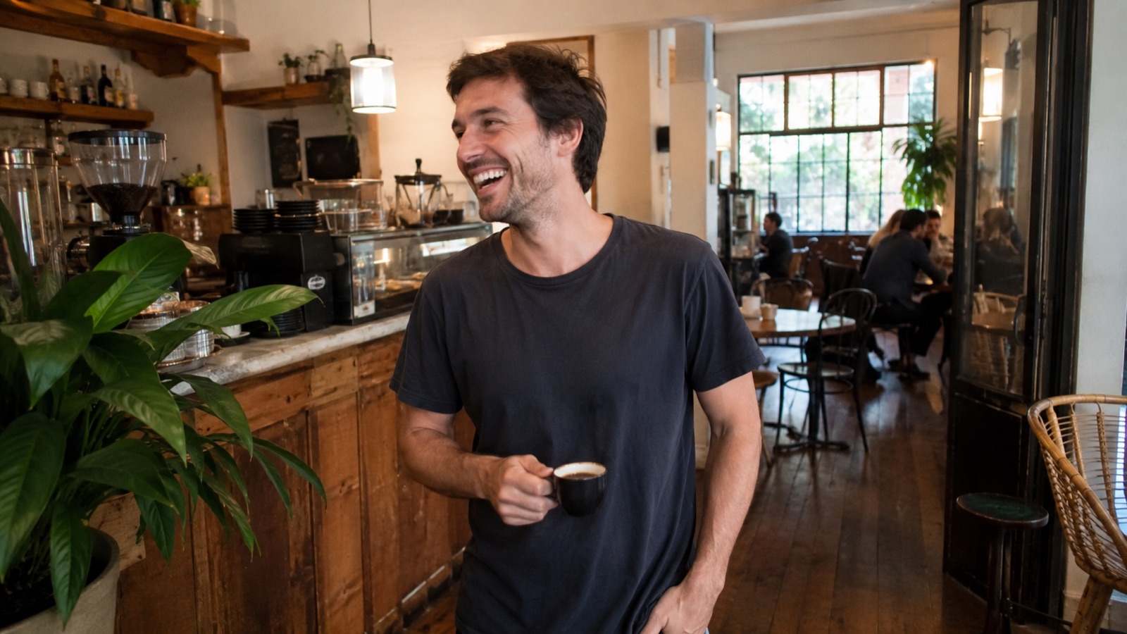 A man laughing with a coffee cup in a warm cafe with a wooden counter, plants, and soft window light behind him