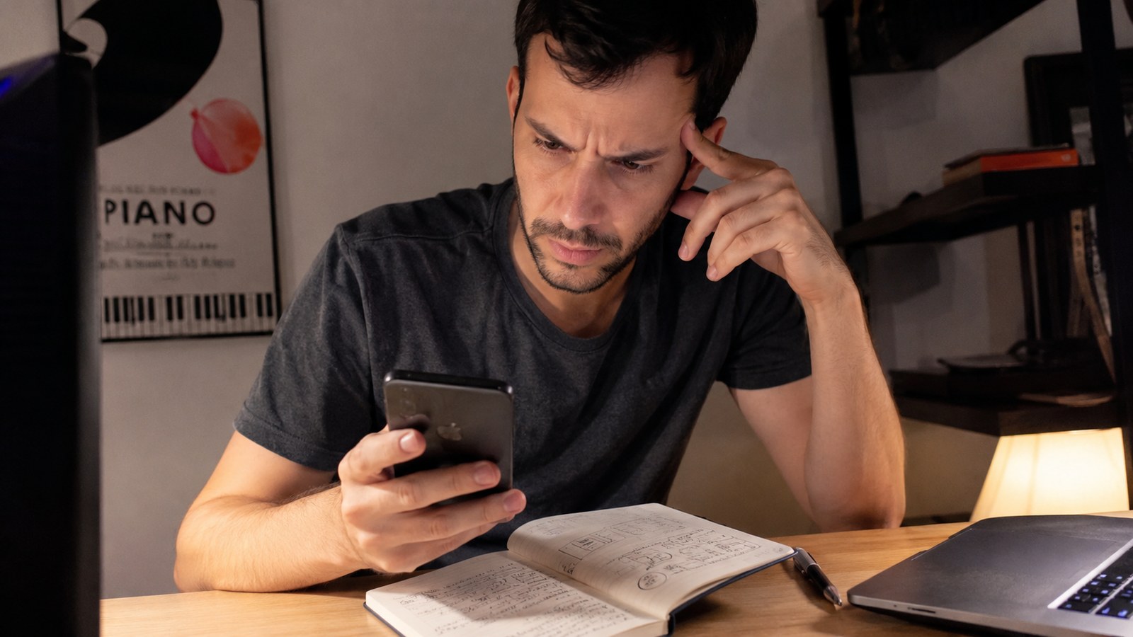 A man at a desk studying his phone with a puzzled analytical look, notebook beside him