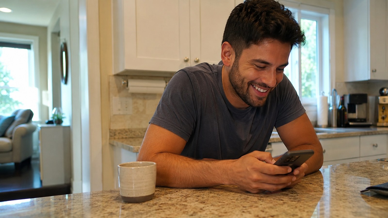 A relaxed man texting at a kitchen counter in the morning, smiling