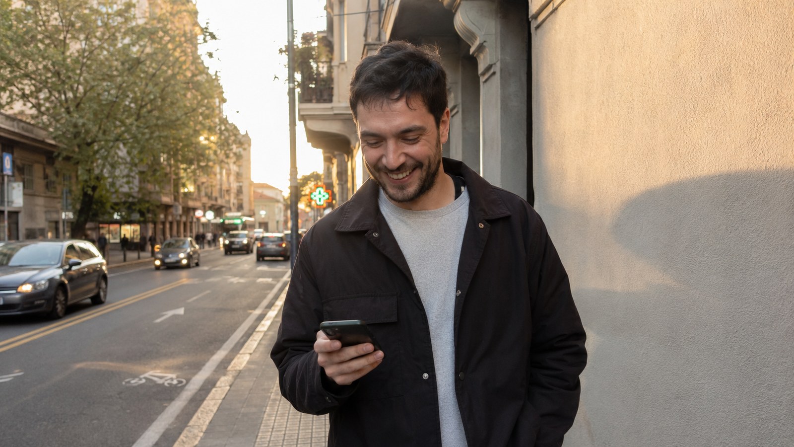 A happy man walking down a city street, glancing at his phone with a smile